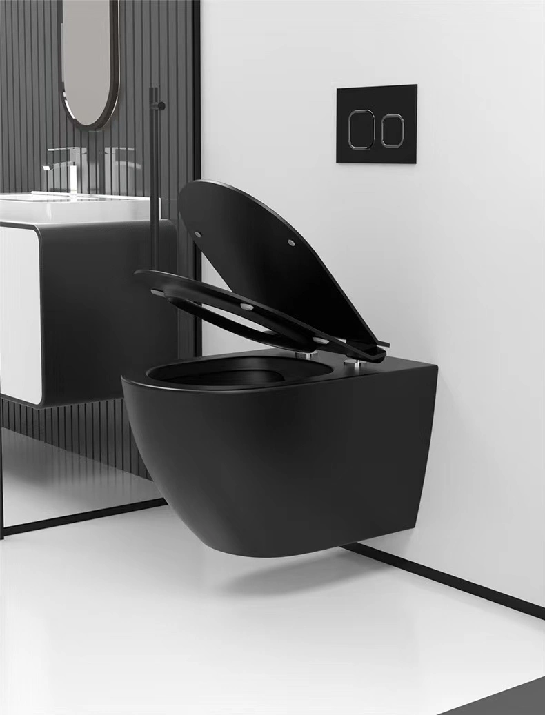 Y808 New Arrival Rimless Toilet Black Toillette with Black Toilet Seat Ceramic Wall Hung Toilet