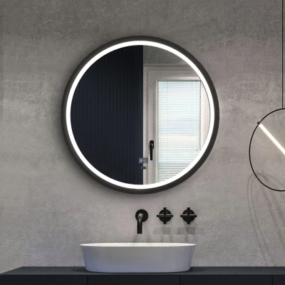 Espejo de baño LED Aluminio Negro Marco dorado Espejo de cambio de color con iluminación ajustable Espejo de baño antivaho