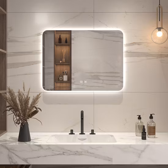 Pared de fábrica Decoración para el hogar Decoración Salón Muebles Maquillaje Cosmético Inteligente Vanidad Baño Iluminado Iluminado Retroiluminado LED Espejo con luces Desempañador Bluetooth