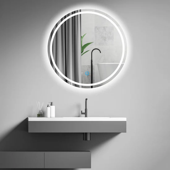 Espejo de pared redondo Spiegel de gama alta, espejos de baño modernos plateados personalizados, espejo de baño inteligente LED con luz LED